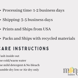 May include: Care instructions for a product. Wash inside out, use cold or warm water, use mild detergent and no bleach, tumble dry low or air dry only. The text "mingo babies" is at the bottom of the image.
