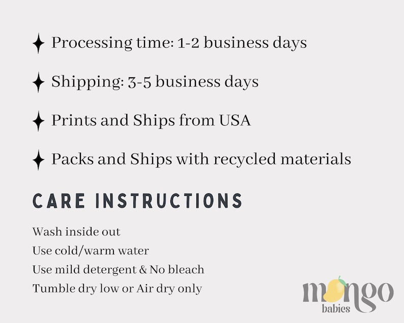 May include: Care instructions for a product. Wash inside out, use cold or warm water, use mild detergent and no bleach, tumble dry low or air dry only. The text "mingo babies" is at the bottom of the image.