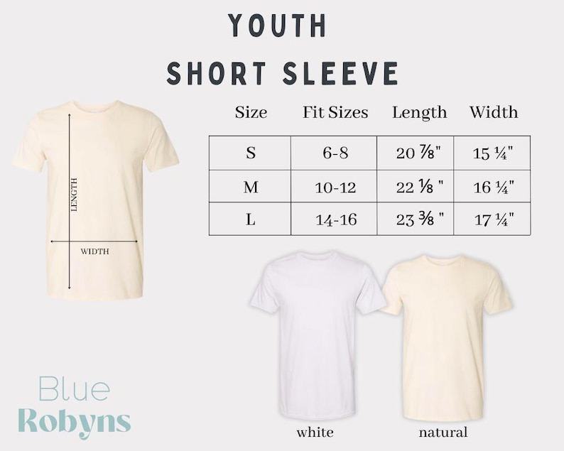 May include: Cream-colored youth short sleeve t-shirt with size chart. The chart shows measurements for sizes S, M, and L, with lengths ranging from 20 7/8" to 23 3/8" and widths from 15 1/4" to 17 1/4". Two additional t-shirts are shown, one white and one natural.