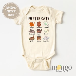 May include: A cream-colored baby onesie with short sleeves features a graphic of nine cats with names inspired by Harry Potter characters. The text "POTTER CATS" is printed in black at the top of the graphic.