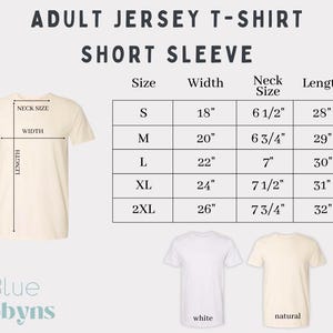 May include: Cream-colored adult jersey t-shirt with short sleeves. The image includes a size chart with measurements in inches for width, neck size, and length. The shirt is available in white and natural colors. The brand name "Blue Robyns" is at the bottom.