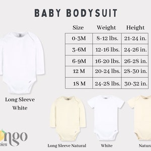 May include: A size chart for baby bodysuits with long sleeves. The chart shows sizes from 0-3 months to 18 months, with corresponding weight and height ranges in pounds and inches. The chart is displayed next to three baby bodysuits: one white, one natural, and one white with long sleeves.