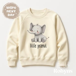 May include: A cream-colored sweatshirt with a cute cartoon elephant illustration and the text "little peanut".