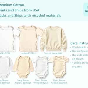 Puede incluir: Imagen de ropa para beb&eacute;s y ni&ntilde;os peque&ntilde;os en blanco y crema, que incluye camisetas, sudaderas y bodies. La imagen muestra varios estilos con instrucciones de cuidado. El texto indica que los art&iacute;culos est&aacute;n hechos de algod&oacute;n de primera calidad.
