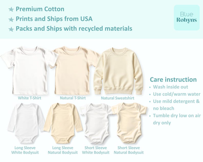 Puede incluir: Imagen de ropa para beb&eacute;s y ni&ntilde;os peque&ntilde;os en blanco y crema, que incluye camisetas, sudaderas y bodies. La imagen muestra varios estilos con instrucciones de cuidado. El texto indica que los art&iacute;culos est&aacute;n hechos de algod&oacute;n de primera calidad.