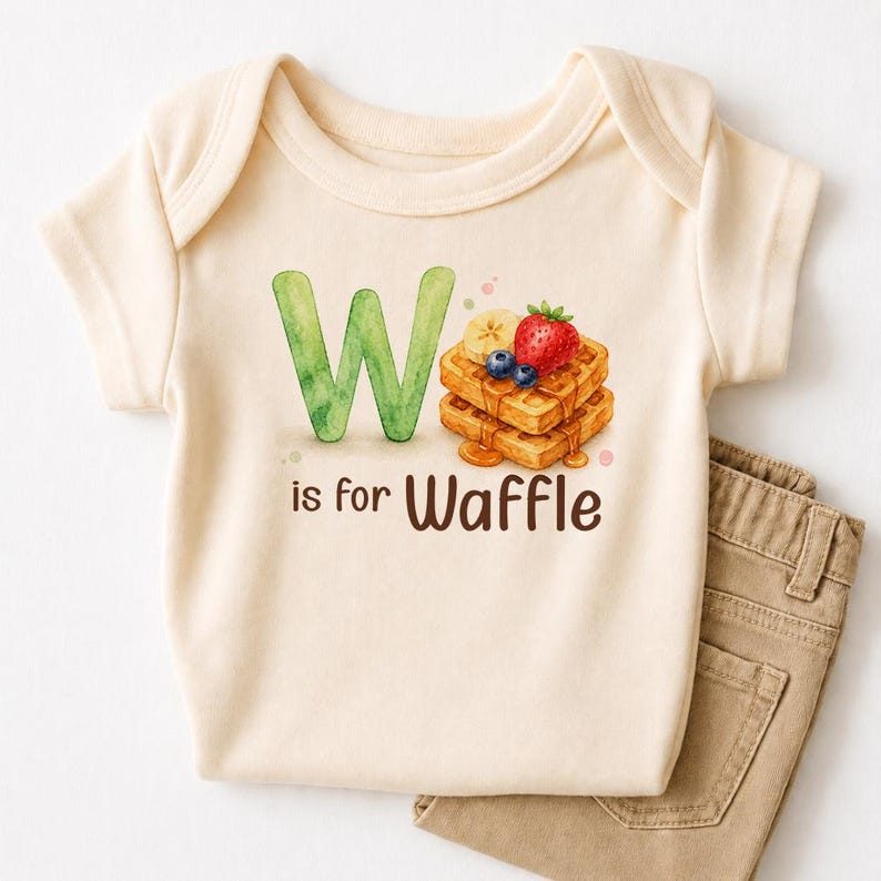 May include: A cream-colored baby onesie with the text "W is for Waffle" and a watercolor illustration of waffles topped with fruit. Tan pants are folded next to the onesie.