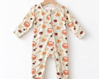 Dim Sum Baby 2-Way Zip Romper, Baby Long Sleeve Pjs Zipper Romper, Soft Spandex & Bamboo Viscose One Piece Pajamas