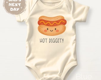 Hot Diggity Cute Hot Dog Baby Bodysuit Cute Baby Shower Gift for Birthday Outfit Funny Tshirt Food Pun Baby Clothes Funny Foodie Hot Dog Tee
