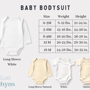 May include: White and natural-colored baby bodysuits with long and short sleeves are displayed. A size chart shows sizes from 0-3 months to 18 months, with corresponding weights in pounds and heights in inches. The text "BABY BODYSUIT" is at the top.