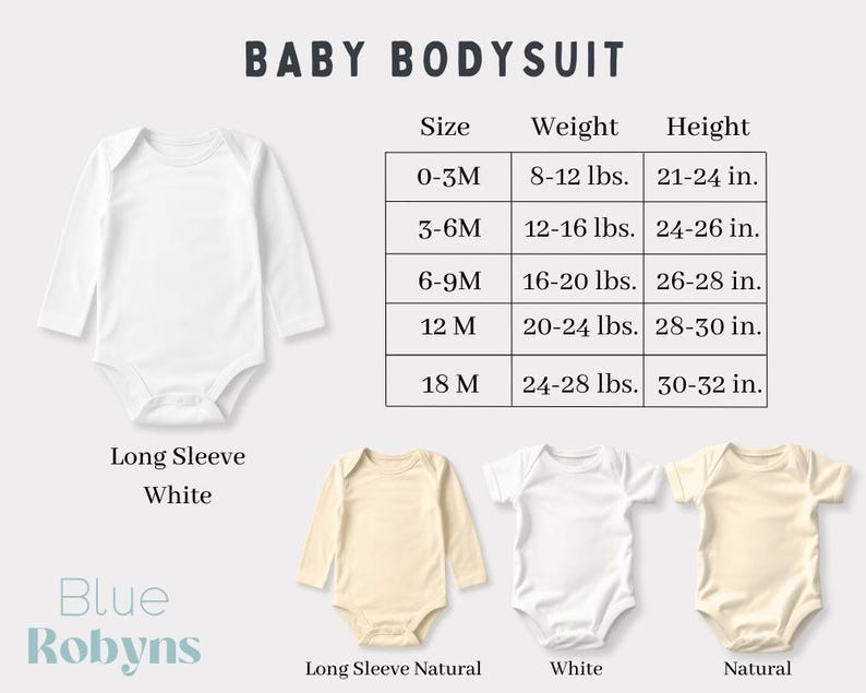 May include: White and natural-colored baby bodysuits with long and short sleeves are displayed. A size chart shows sizes from 0-3 months to 18 months, with corresponding weights in pounds and heights in inches. The text "BABY BODYSUIT" is at the top.