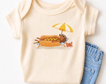 Wiener on The Beach Tshirt, Dachshund Baby Bodysuit, Funny Hot Dog Natural Sweatshirt