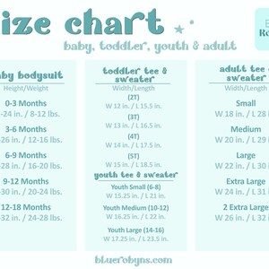 Puede incluir: Una tabla de tallas azul claro para ropa de beb&eacute;, ni&ntilde;o peque&ntilde;o, joven y adulto. La tabla incluye medidas para bodies de beb&eacute;, camisetas y su&eacute;teres para ni&ntilde;os peque&ntilde;os, camisetas y su&eacute;teres para j&oacute;venes y camisetas y su&eacute;teres para adultos.