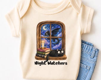 Night Watchers Fantasy Baby bodysuit, Dragon Tshirt, Black Cat Outfit, Book Lovers Natural Sweatshirt