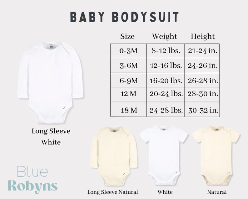 May include: White and natural baby bodysuits with long and short sleeves are displayed. A size chart shows measurements in inches and pounds for sizes 0-3M to 18M. The text "BABY BODYSUIT" is at the top, and the brand name "Blue Robyns" is at the bottom.