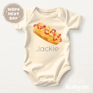 Cute Hot Dog Baby Bodysuit Custom Name Hot Dog Bun Outfit Cute Hot Dog Sweater for Children Tshirt Personalized Birthday Gift Foodie Tee
