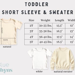 May include: Image featuring toddler short sleeve shirts and a sweater. The image includes a size chart with measurements in inches and pounds. The shirts are in natural and white colors, and the sweater is natural.