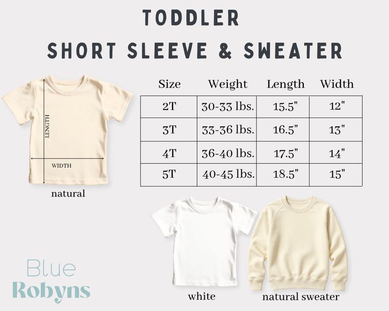 May include: Image featuring toddler short sleeve shirts and a sweater. The image includes a size chart with measurements in inches and pounds. The shirts are in natural and white colors, and the sweater is natural.