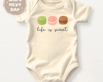 Life is Sweet Cute Macarons Baby Bodysuit Cute Baby Shower Gift for Newborn Clothes Custom Baby Clothes Personalized Gift for Baby Girl
