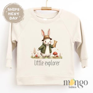 Peut inclure: Un sweat-shirt crème avec une illustration de dessin animé d'un lapin blanc portant une veste verte et un chapeau marron tenant une carte. Le texte "little explorer" est imprimé sous le lapin.