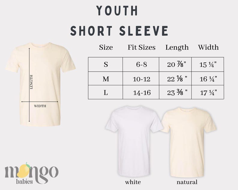 May include: Youth short sleeve t-shirt size chart with measurements in inches. The chart shows sizes S, M, and L with corresponding fit sizes, lengths, and widths. Two t-shirts are shown below the chart, one in white and one in natural.