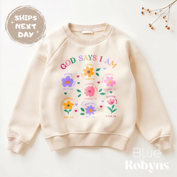 God Says I Am Brave Worthy Strong Inspirational Sweater for Children Flower Baby Girl Clothing, Cute Religious Outfit for Kids Birthday Girl