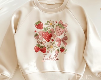 Custom Strawberry Sweatshirt, Strawberries Tshirt, Floral Bow Girl Outfit, Custom Baby Name, Personalized Girls Gift