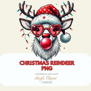 Whimsical Christmas Reindeer with Santa Hat | Christmas Lights & Red Bubblegum | Cute Holiday Clipart for Christmas T-Shirt | Reindeer PNG
