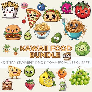 Kawaii Essen Clipart Bundle | 40 PNGs mit niedlichen Frühstück, Obst, Matcha, Kaffee & Smoothie Designs für Aufkleber, Planer und Scrapbooking