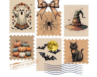 Boho Halloween T-Shirt Design: Coquette Bats, Cats, Pumpkins (Digital Download)