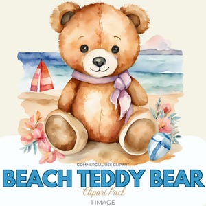 Teddy Bear on Beach Watercolor Clipart | SINGLE IMAGE | Commercial Use | Transparent PNGs |  Beach  | Card Making Clipart