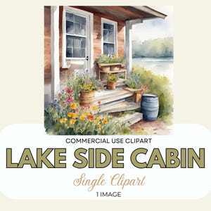 Kabine mit Blumen an einem See PNG | Rustikale Natur Clip Art | Digitales Design für Karten, Kunsthandwerk und Einladungen