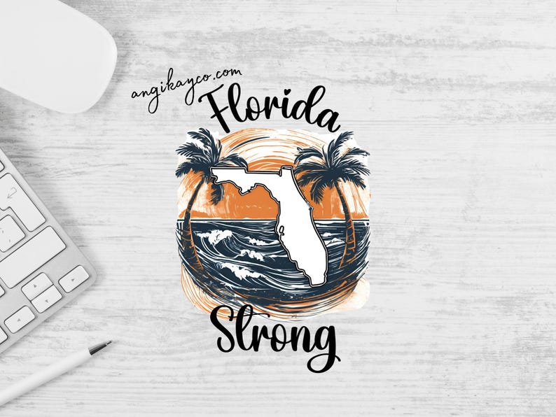 May include: A graphic design featuring the outline of the state of Florida with palm trees and ocean waves. The text "Florida Strong" is written below the image.