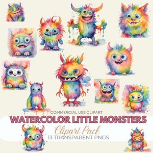 Watercolor Monster Clipart: Rainbow Little Monsters, Commercial Use (PNGs)