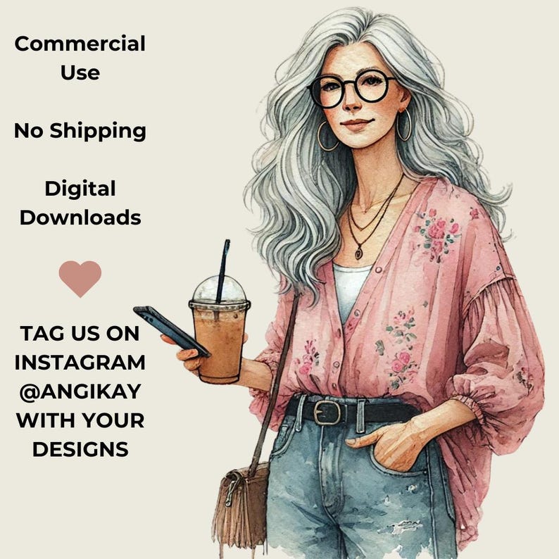 May include: A digital illustration of a woman with gray hair wearing a pink floral blouse, blue jeans, and a brown leather purse. She is holding a cup of coffee and a smartphone. The text "TAG US ON INSTAGRAM @ANGIKAY WITH YOUR DESIGNS" is written below the image.