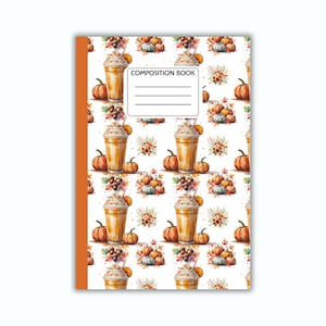 May include: A composition book with an orange spine and a white cover featuring a repeating pattern of pumpkins, fall foliage, and pumpkin spice lattes. The cover includes the text "COMPOSITION BOOK" and lines for writing.