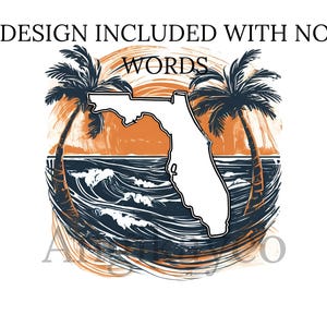 May include: A white outline of the state of Florida with palm trees and ocean waves in the background. The background is a sunset with orange and blue colors. The text "WORDS" is above the state outline.