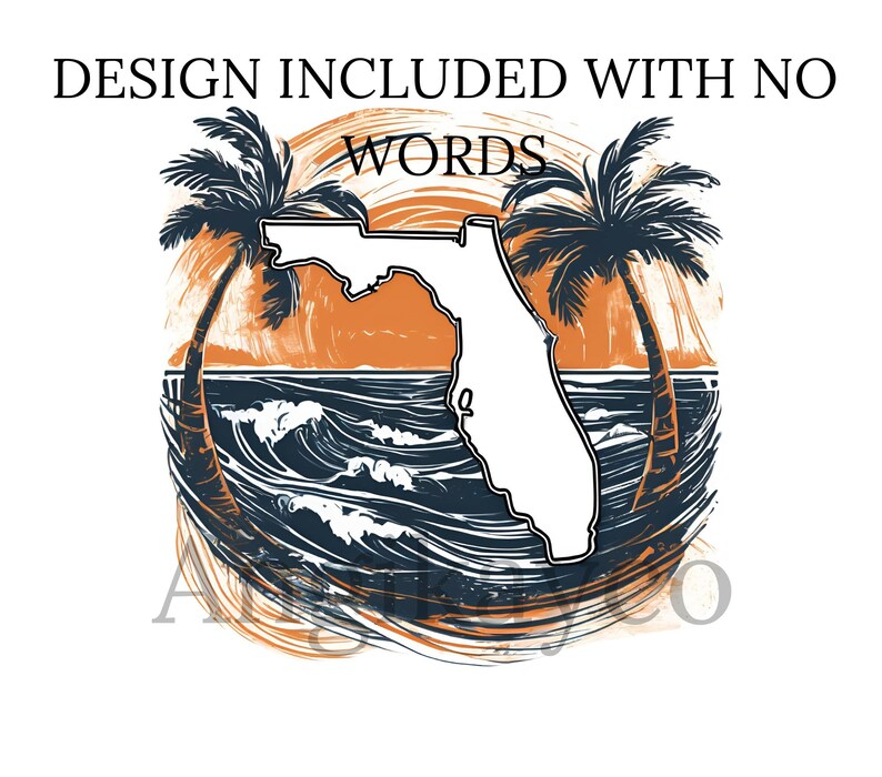 May include: A white outline of the state of Florida with palm trees and ocean waves in the background. The background is a sunset with orange and blue colors. The text "WORDS" is above the state outline.