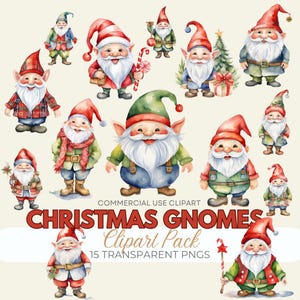 Watercolor Christmas Gnomes Clipart: Holiday PNG Art (Commercial Use)