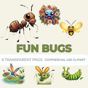 Bugs Clipart Bundle | 6 Animated Insect Designs Including Ant, Bee, Caterpillar & More in PNG for Stickers, Planners and Scrapbooking