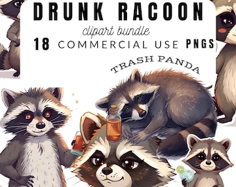 Drunk Raccoon PNG Bundle | Funny Tipsy Raccoon Clipart for Shirts, Mugs, Stickers & Crafts