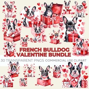 30 Französische Bulldogge Valentine Herz Clipart - süße Hundeliebe PNG Grafiken für Valentinstagskarten, Scrapbooking, Einladungen und DIY Kunsthandwerk