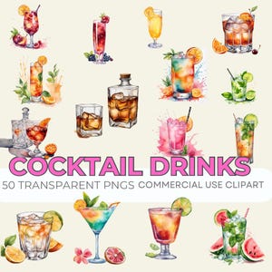 Pacote de 50 clipart de bebidas coloridas para coquetéis | Ilustrações de bebidas tropicais, de verão e de festa para convites, planejadores e lojas de POD PNG