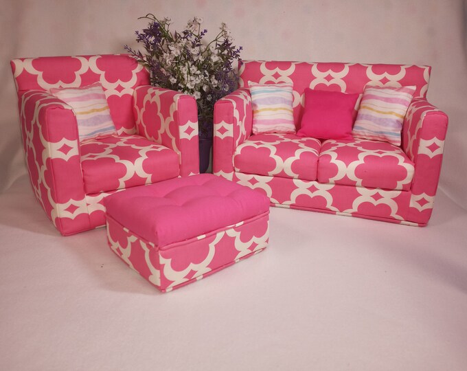 Doll Furniture Set for 18 Inch Dolls Sofa, Chair, Ottoman, Pink, White Handmade Doll Furniture