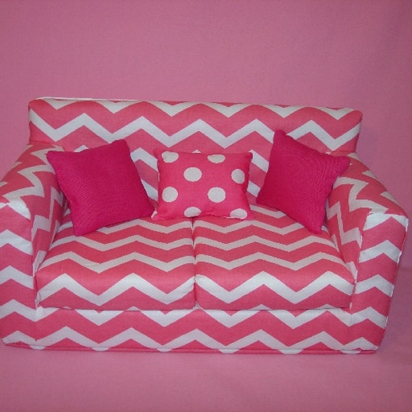 18 Inch Chevron Doll Couch - Pink - White - Modern Handmade Doll Furniture