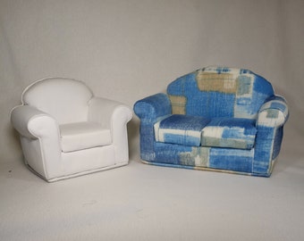 Fashion Doll Sofa, Chair for  11 1/2 inch Dolls Blue, White Handmade Doll Furniture