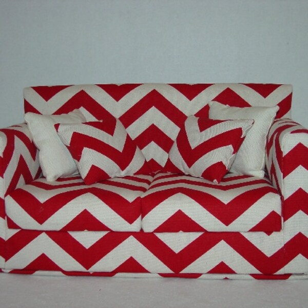 Doll  Furniture 18 Inch  Doll  Couch - Chevron - Red - White Modern Handmade Doll Furniture