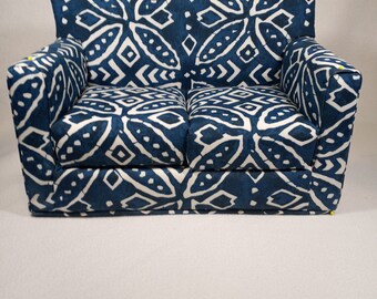 Doll Sofa for 18-inch Dolls, Blue, White Handmade Doll Couch