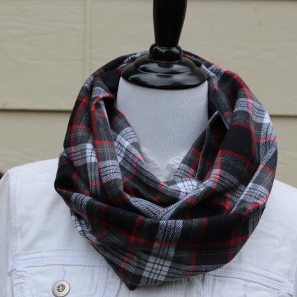 Men's or Women's Black White Red Tartan Plaid Flannel Infinity Scarf