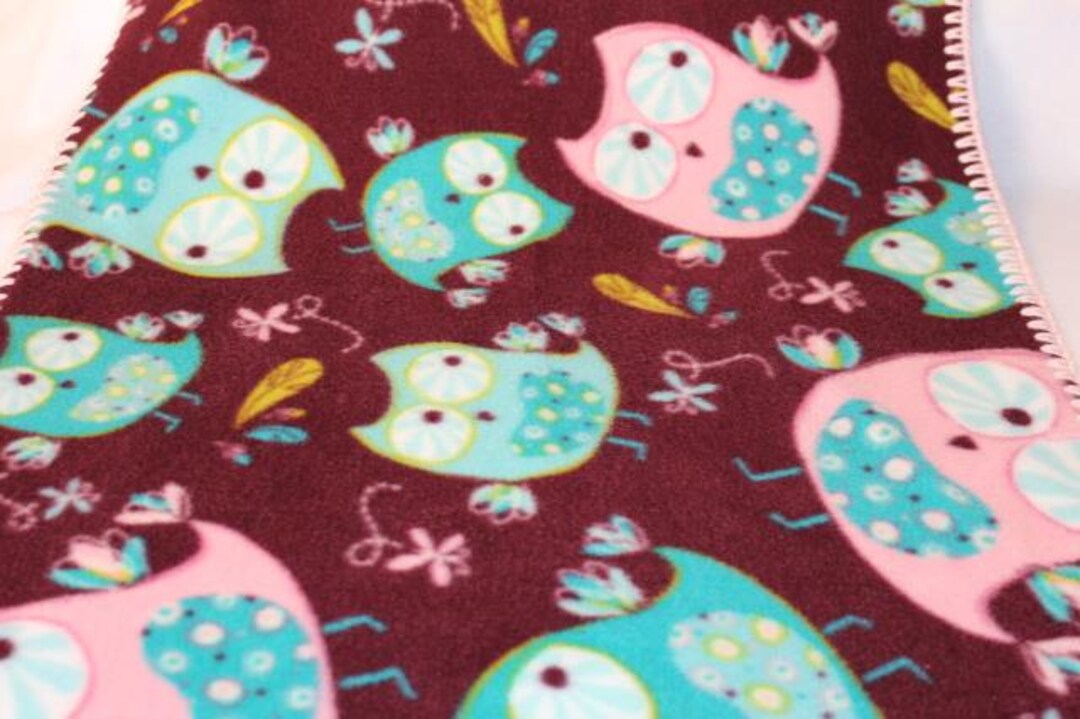 Owl Fleece Lovey Blanket With Pink Crochet Edges 30 X 22 Etsy