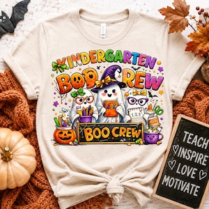 Kindergarten Boo Crew PNG, Cute Ghost Teacher Halloween Sublimation Design, Fall Classroom Graphic
